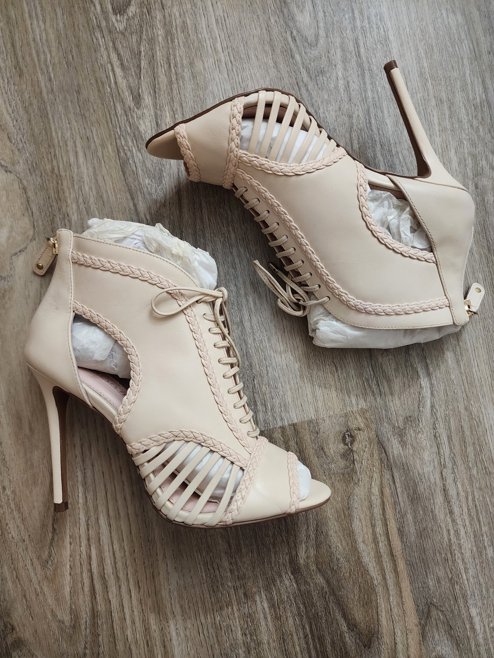 Braided Lace-Up Peep-Toe Stiletto Heels in Nude